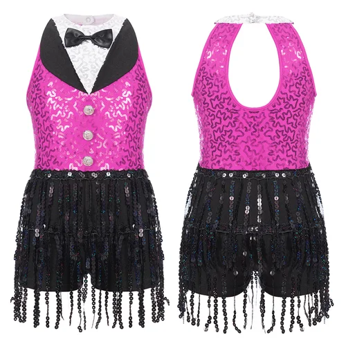 Imagen 2 del producto Traje de baile de Jazz latino para niñas, pantalones cortos con abertura en la espalda, borla de lentejuelas, Tango Cha-Cha Samba, vestido de baile de Hip Hop