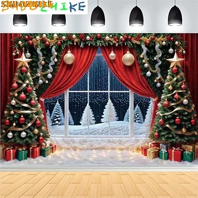 

Christmas Day New Year Party Photography Backdrops Prop Window Living Room Interior Xmas Tree Snow Theme Photo Background FN-78