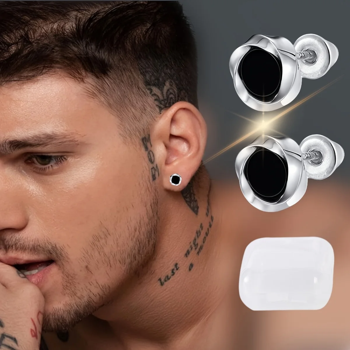 1 Pair Black Stone Mobius Small Stud Earrings with Storage Box for Men Women Unisex, Copper Material, Silver Plated, No Fading No Allergies Hip Hop Punk Rock Fashion Jewelry for Birthday& Christmas Gift