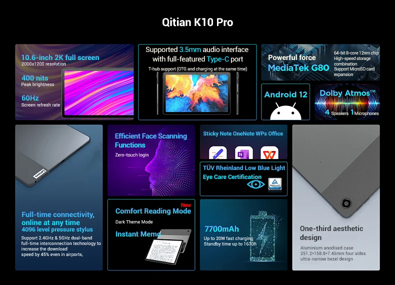 Global Rom Lenovo M10 Plus (3rd Gen) 10.6 inch 2K 60Hz Display Mediatek G80 4GB 128GB Wifi 7700mAh Qitian K10 Pro Android Tablet
