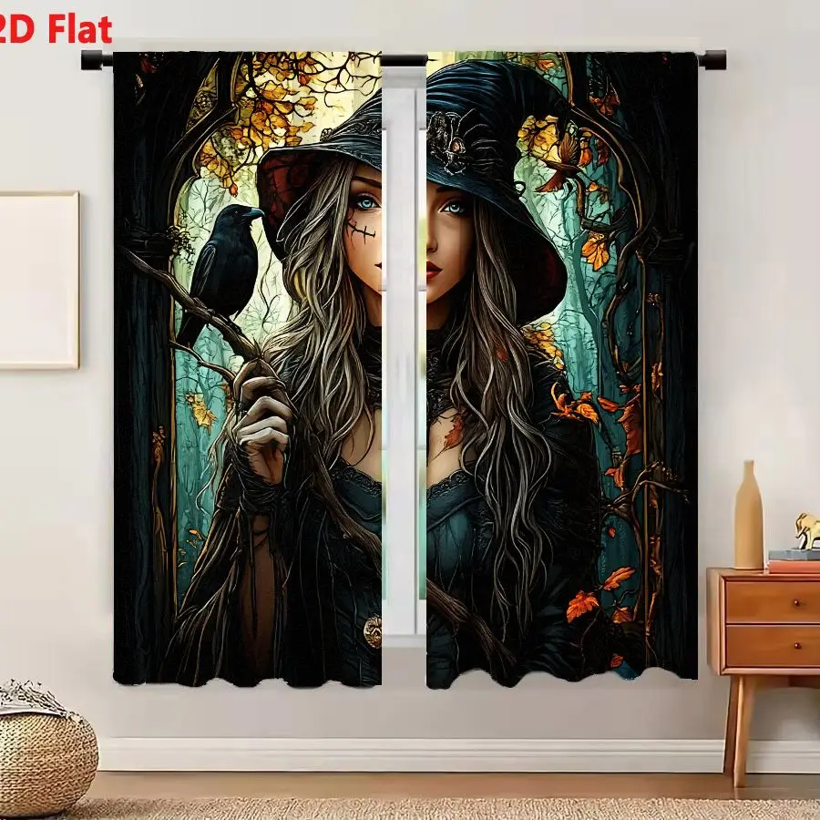 2Pcs Curtains 2D Flat Female Witch With Ash Blonde Hair And Stitched Scar In Autumn Forest Holding Staff With Raven Window Drape