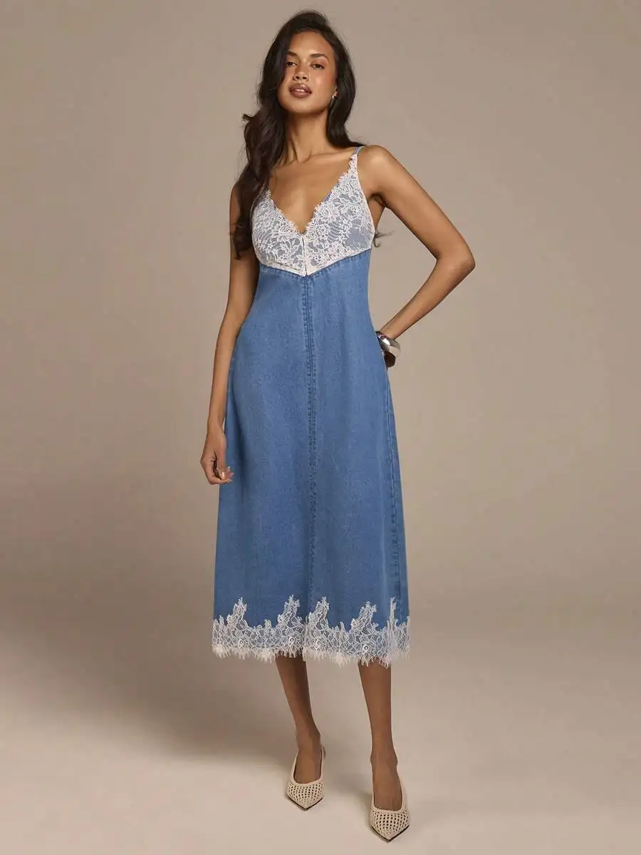 

Denim Midi Dress With White Lace Trim V Neck Sleeveless Casual Summer Dress