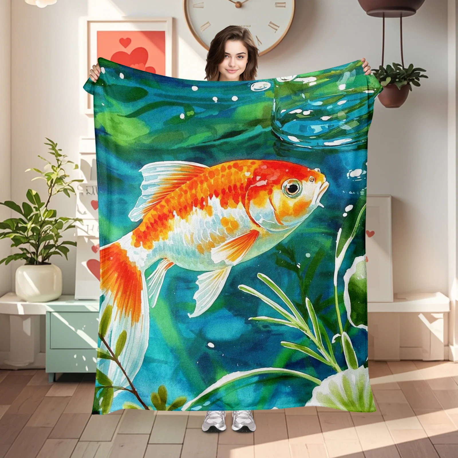 Graceful Watercolor Goldfish And Water Plants Blanket Perfect For Adding Harmony To Any Room