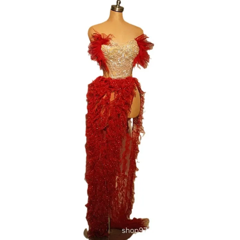 

Vintage Red Mesh Sexy Perspective Seaside Vacation Beach Dress High-end Socialite Dance Red Carpet Catwalk Evening Party Dresses