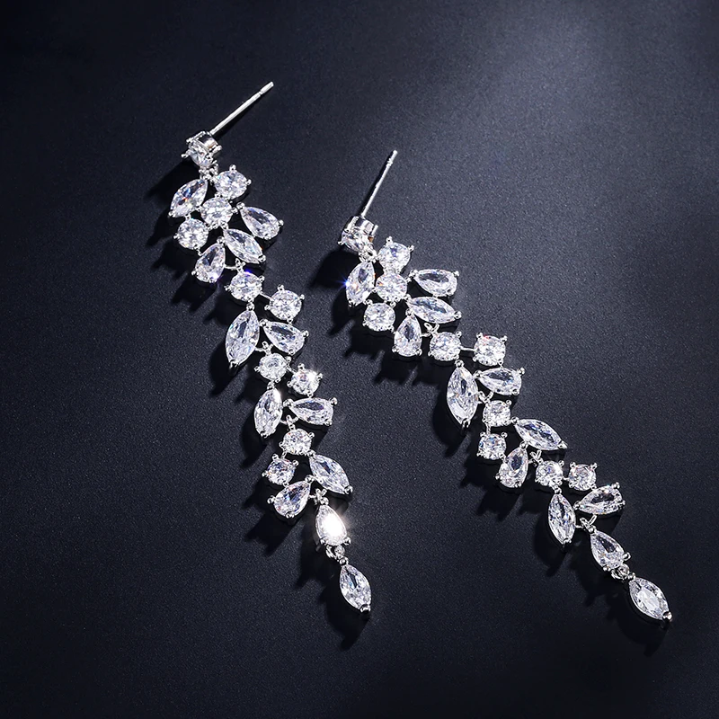 ZAKOL Fashion Cubic Zirconia Leaf Long Dangle Earrings for Women White Leaves Drop Earring Bridal Wedding Jewelry Gifts