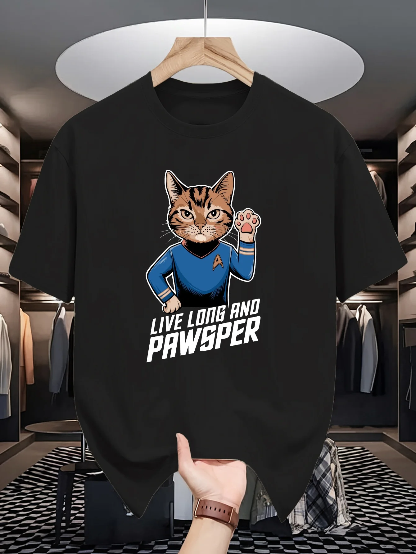 Men Beige Crew Neck Tee Cartoon Tabby Cat Space Uniform Live Long And Pawsper Pun Funny Sci Fi Pet Lover Cotton Top