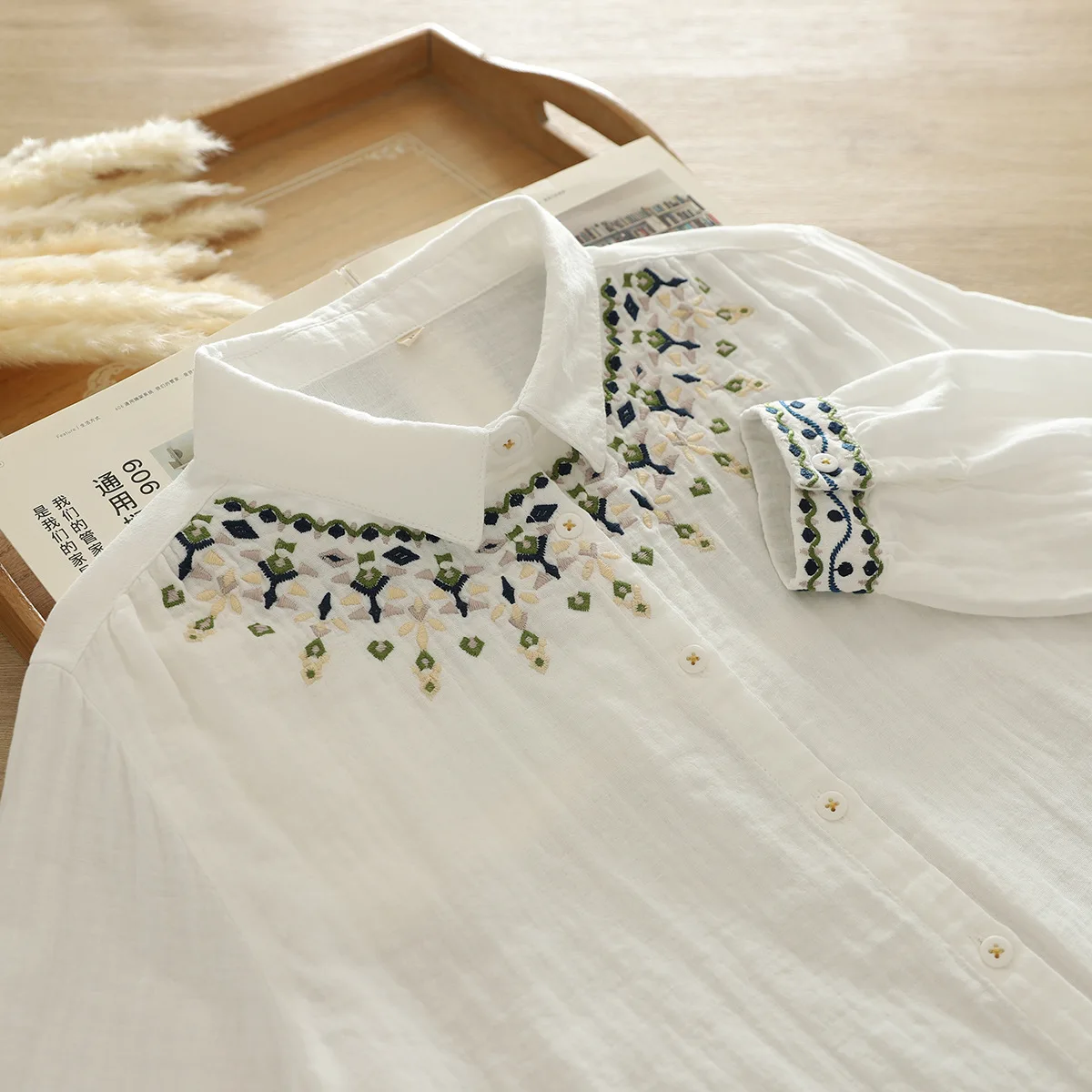 Japanese Sweet Mori Girl Flower Embroidery Double Layer Cotton Shirts Women Spring Turn Down Collar Long Sleeve Casual Blouse