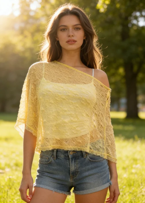 

Women's One Shoulder Lace Cape Blouse Asymmetrical Sheer Mesh Top Loose Fit Hollow Summer Blouse for Women Mesh Poncho Shirt