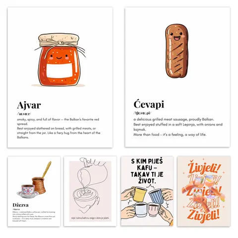 Balkan cuisine poster, Balkan quotes, coffee art, Cevap, Lepinja and onion, toast quotes, Bosnia, Serbia, Croatia, kitchen art