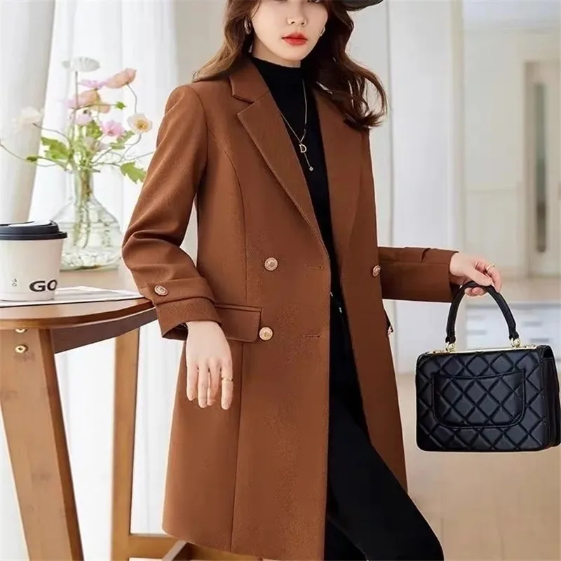 Fashion Design Thanks Mid Length Suit Jacket Ladies Blazer 2024 New Spring Autumn Double Breasted Casual Suit Windbreaker Coat