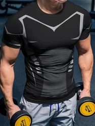 Daily Fitness Geometric Line Printed Men's Crew Neck Shirt Outdoor Casual Loose Men's T-shirt Urban Street Trend Short Sleeve