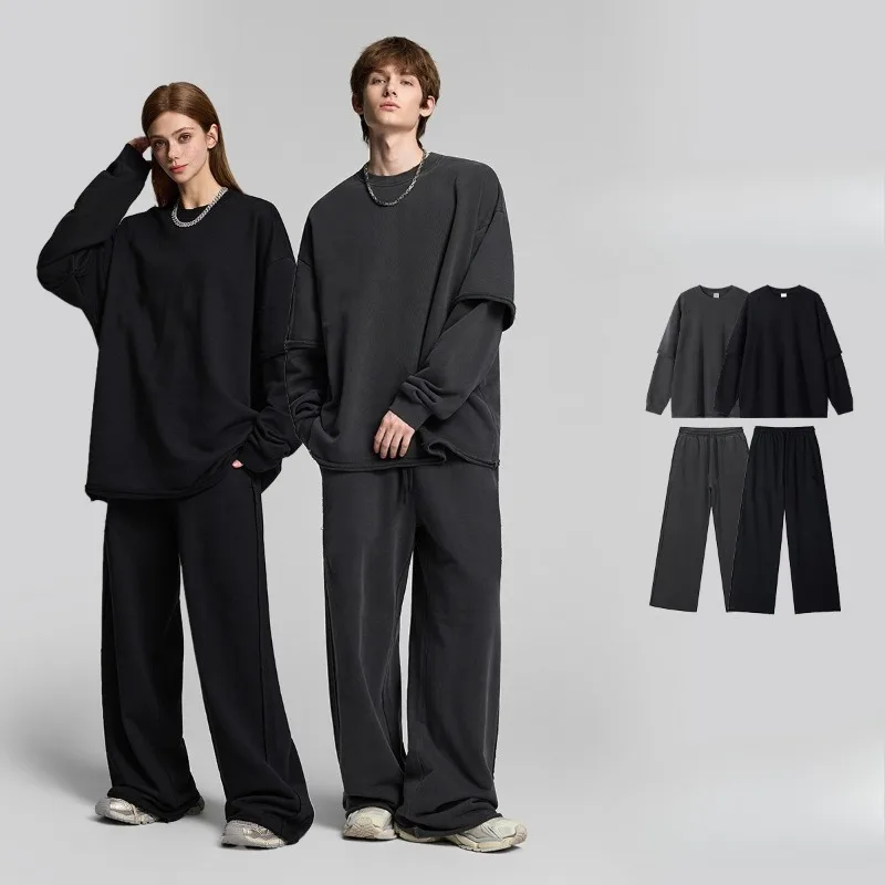 

Новый осенне-зимний комплект из плотного чистого хлопка 420 г с длинными рукавами из двух предметов для мужчин и женщин, свободная модная рубашка с круглым вырезом, наряды для пар