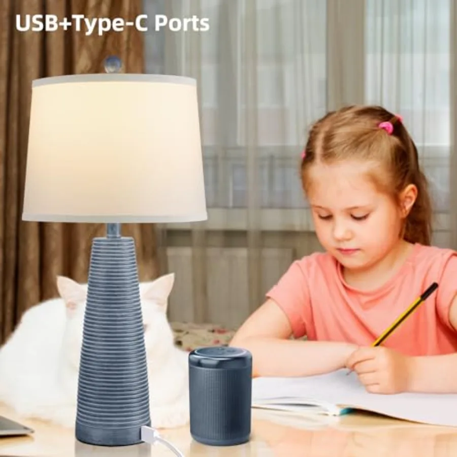 Nightstand Lamp Bedside Lamps Set of 2 Vtage Rustic Farmhouse Table Lamp 3 Way Dimmable Horizontal Stripe Light, Suitable for L
