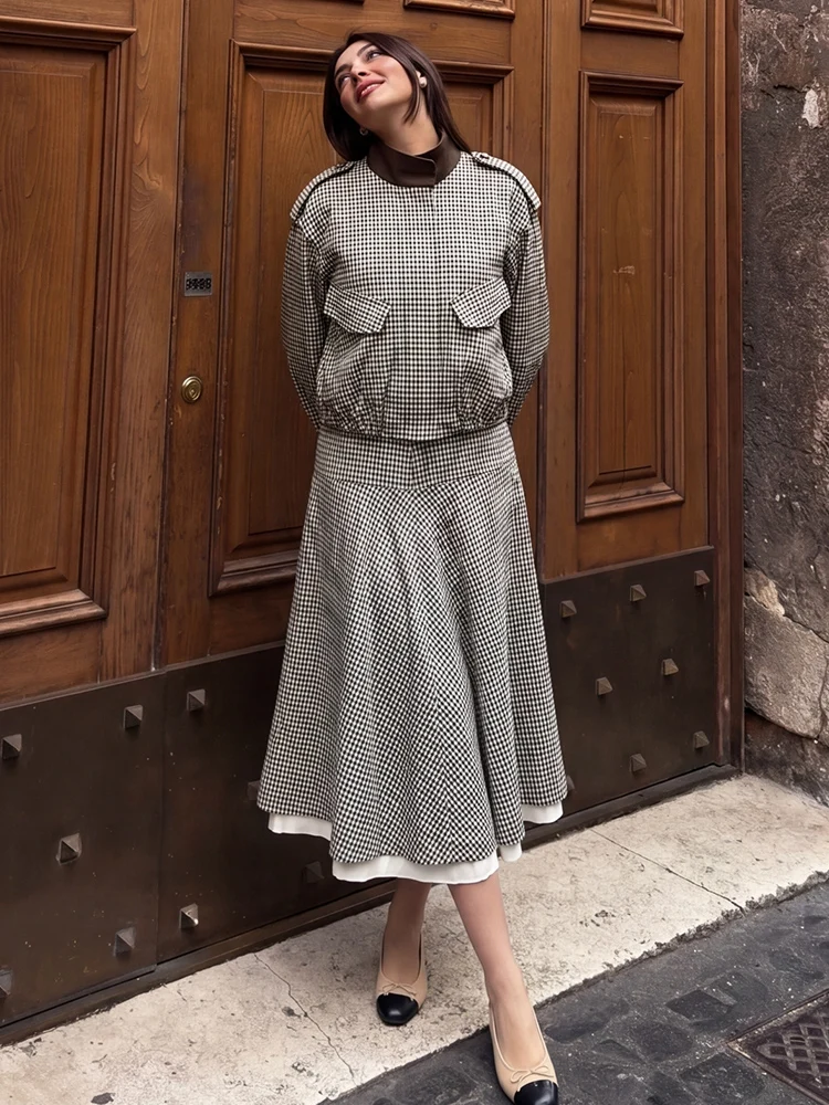 HH Vintage Women Plaid Check 2 Piece Set Spring Autumn Stand Collar Plaid Bomber Jacket+Side Zipper Splicing Pleated Midi Dress