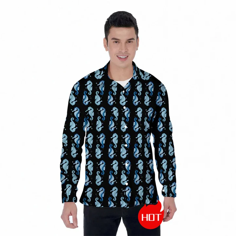 

Fashion Sea Horse 3D Printed Long Sleeve Shirts For Men Clothes Funny Sea Hippocampus Lapel Blouse Casual Unisex Button Clothing