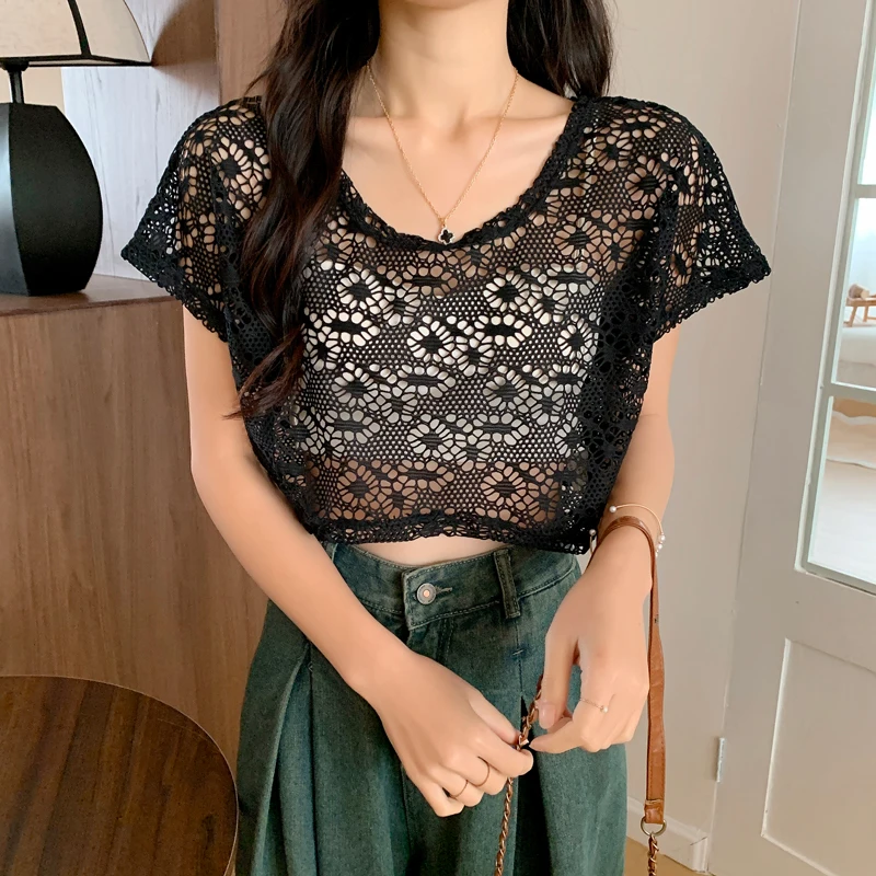 

Summer Hollow out Lace oulder awl Women's Breathable Thin Sun Protection Small irt Versatile Lace Top Hollow out Strap ...