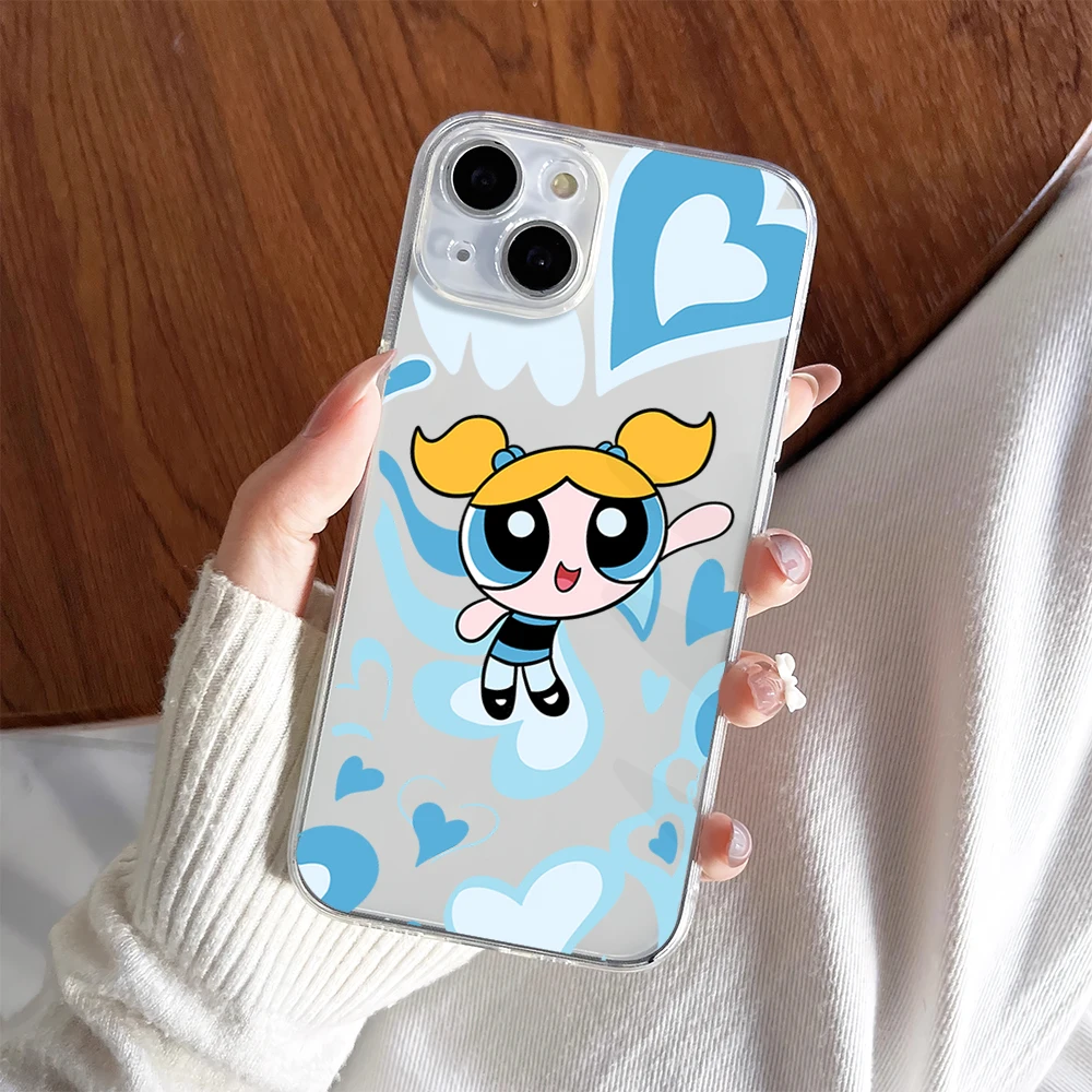 MINISO P-Powerpuff Cute G-Girls Cartoon Phone Case For iPhone 11 13 16 15 14 12 Pro Max Plus Clear Transparent Soft Shell