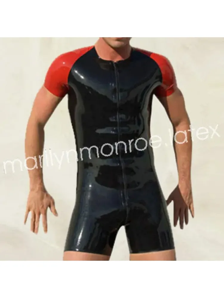 

Фетишизм, 100% латексный резиновый черный и красный костюм, мужская повседневная униформа для фитнеса, размер XS ~ XXL