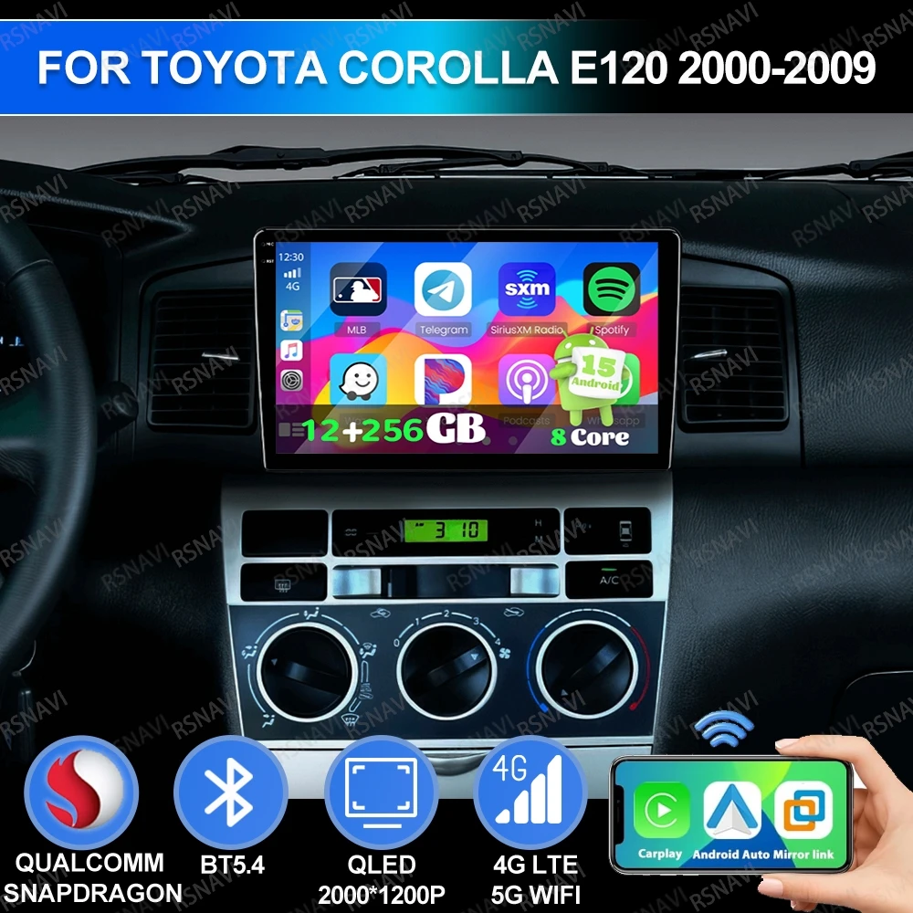 

Android 15 для Toyota Corolla E120 2000-2009 GPS 5G WIFI навигация QLED 4G LTE головное устройство BT мультимедийный DSP Viedo плеер АВТО