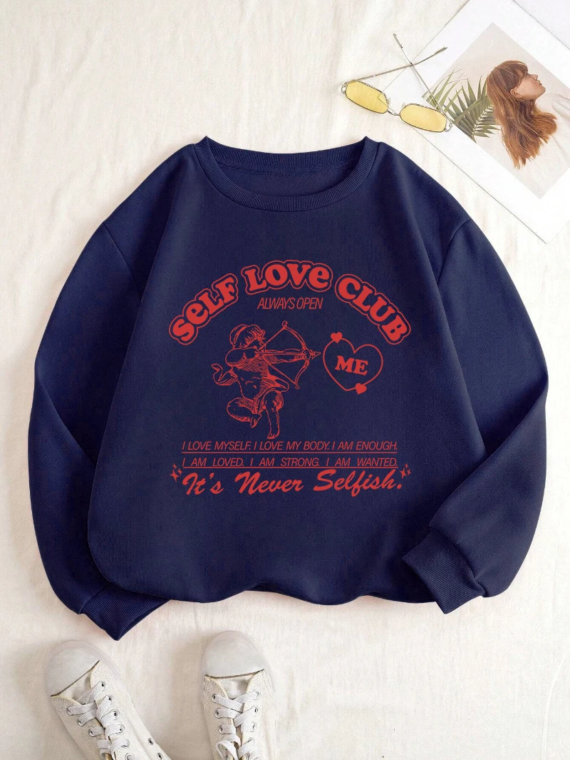 Cartoons Womans Hoodie Self Love Club Cupid Printing Sweatshirt Fleece Comfortable Crewneck Pullover Fashion Female Sportswear