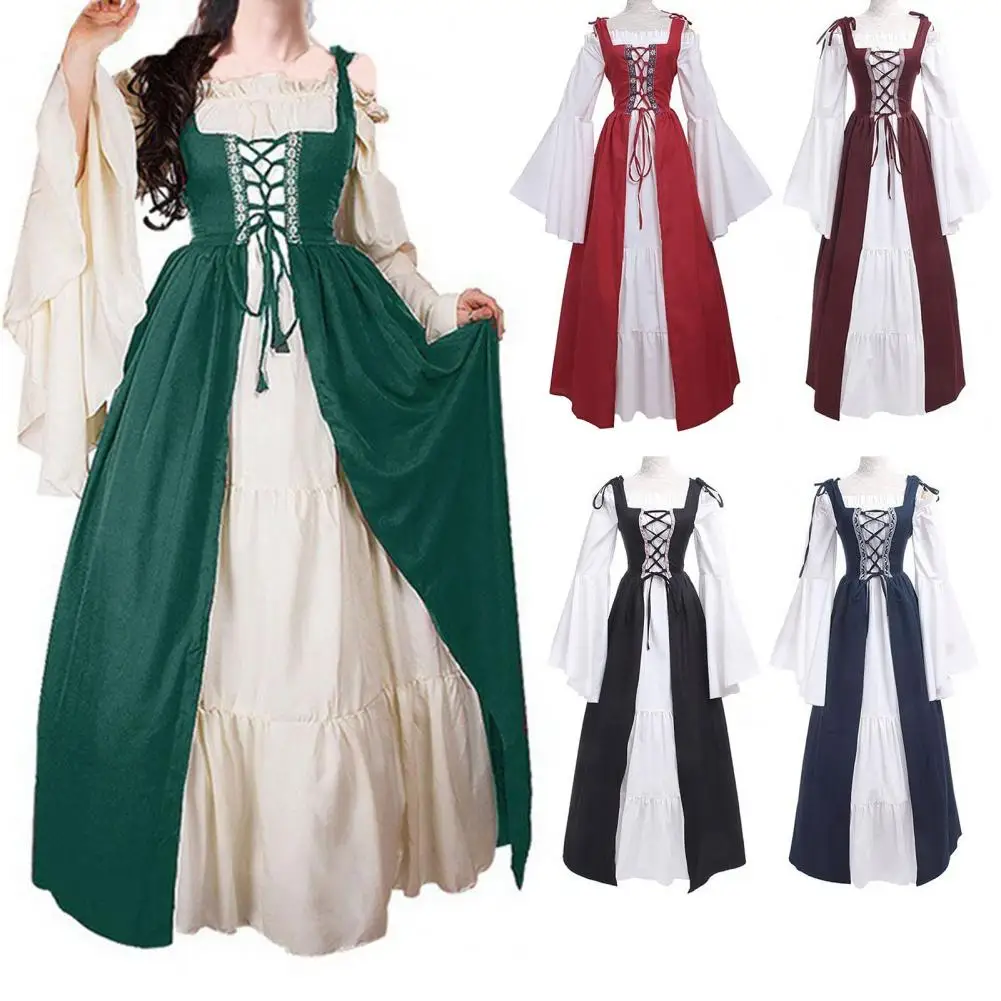 

Square Collar Flare Long Sleeve Lace-up Stitching Large Hem Patchwork Color Medieval Dress Gothic Punk Style Retro Halloween Cos