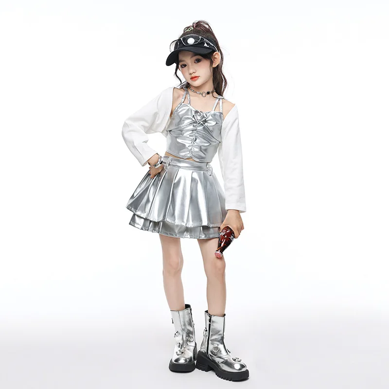Kid Cool Silver Hip Hop Clothing Sequin Crop Camisole Tank Cardigan Top Pleated Mini Skirt for Girls Jazz Dance Costumes Clothes