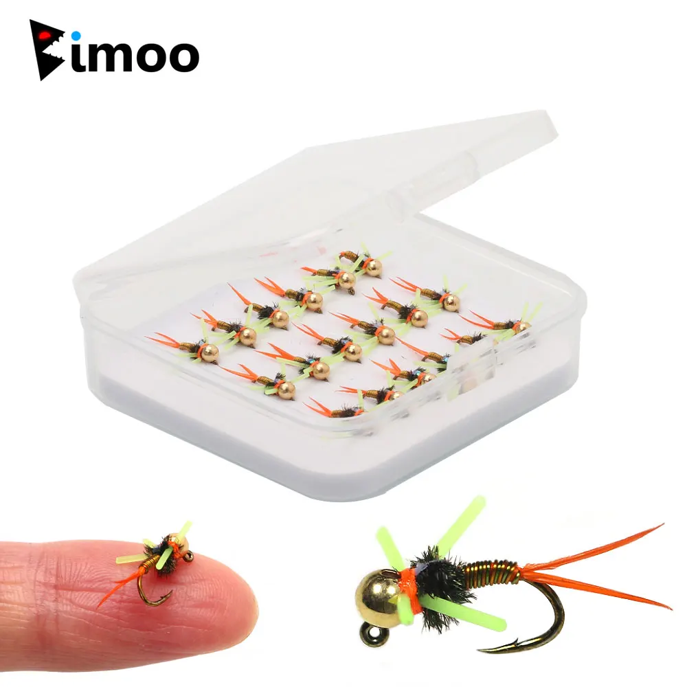 Bimoo 18PCS #16 Barbed Tungsten Bead Head Jig Nymph Fly W/ Rubber Legs Fast Sinking Wet Euro Nymph Fly Trout Fishing Lures Baits