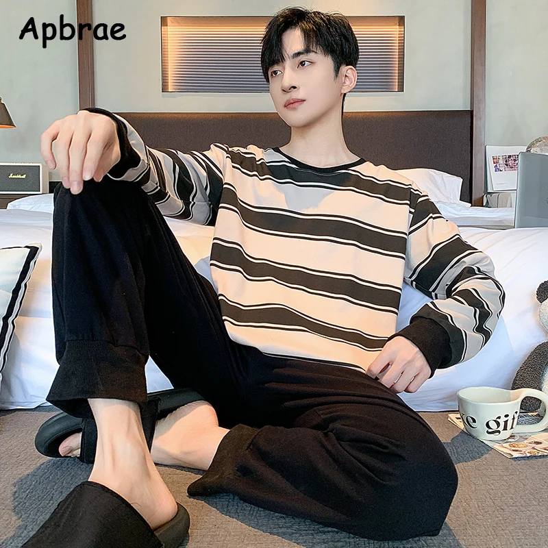 Autumn Winter Stripe Print Pajamas for Men Soft Faux Cotton Long Sleeves Homewear Leisure Nightwear Man Fashion Sleepwear