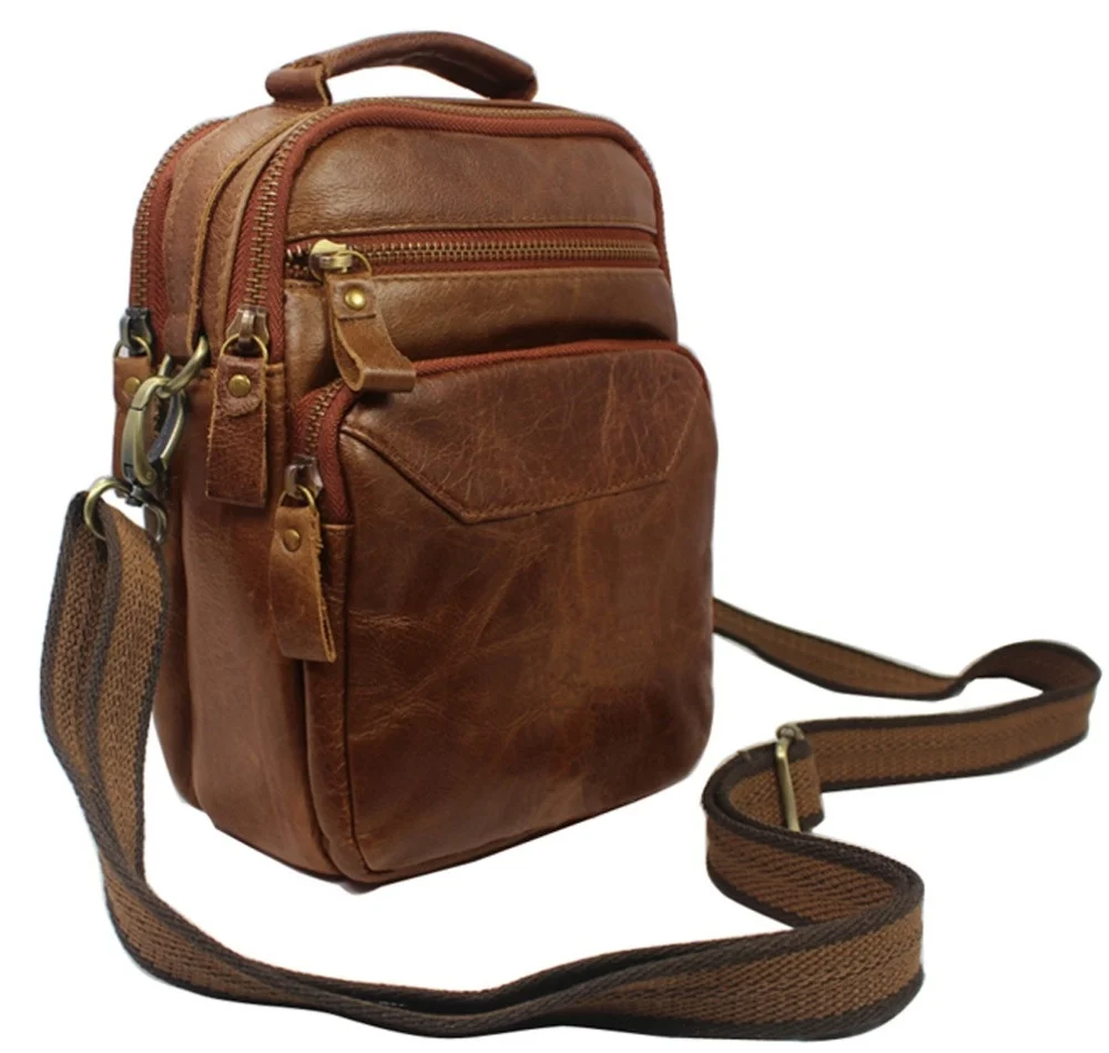 Fashion Genuine Multi-functional Leather Messenger Bag Men crossbody small Shoulder bag for Man Casual Brown