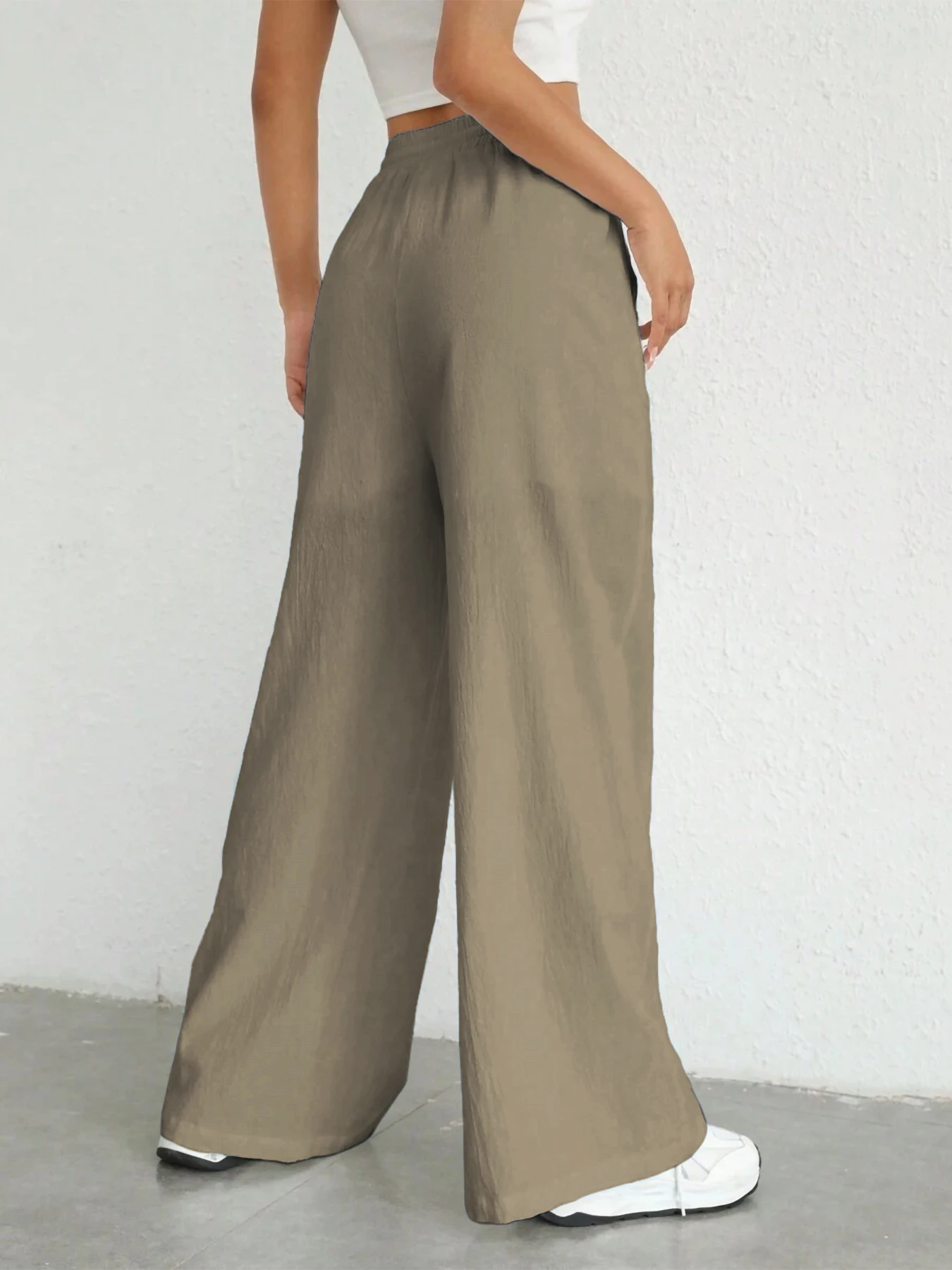 Damen-Hose in Unifarbe, lockere Hose mit weitem Bein, lässige Hose mit Kordelzug, gerade Hose mit Taschen, lässige Hose, lockere Hose mit hoher Taille – Detail 28
