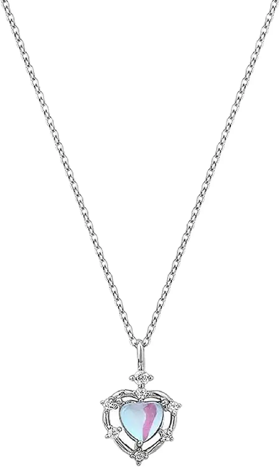 

Iridescent Gradient Heart Necklace, Moonstone Pendant, Adjustable Choker Chain for Women in Silver Tone