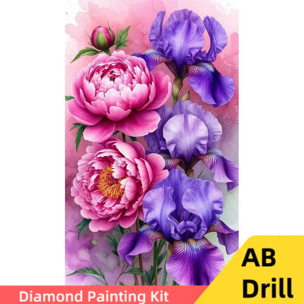 

AB Drill Peony Flower and Iris Watercolor Style Art DIY Diamond Painting Kits Full Drill Diamond Mosaic Puzzle Housewarming Gift