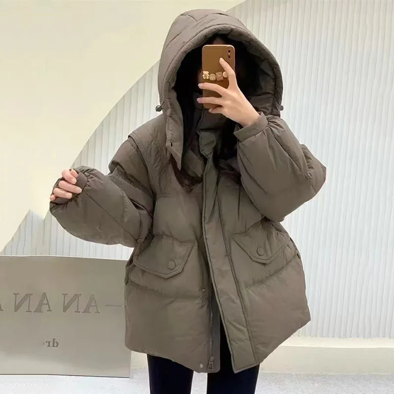 Piumino da donna caldo con cappuccio in piumino d'anatra bianca 2025 Piumino da donna spesso allentato casual con impunture in vita coreana di nuova moda H474