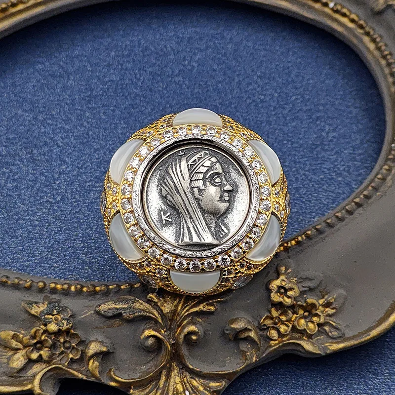 ABLES شيك عملة رومانية الصلبة 925 خاتم فضة العقيق معلمة اليونانية 18K الذهب لهجة عملة نسخة العتيقة خواتم خمر للنساء الرجال #4