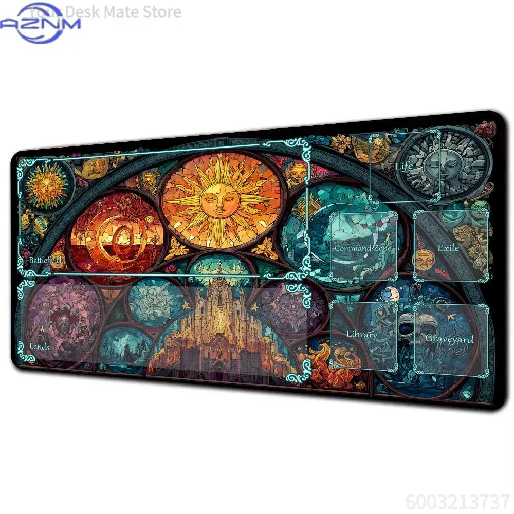 Vintage Stained Glass Tarot Large Playmat, Sun Mystic Art XXL Desk Mat Non-Slip Rubber Lock Edge Mouse Pad for TCG Game & Office