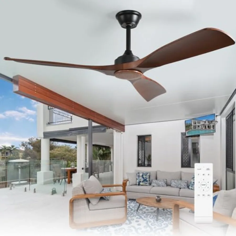 

Outdoor ceiling fan for patios: 52-inch 3-blade walnut fan without light, ultra-quiet DC motor, reversible, 6-speed remote cont