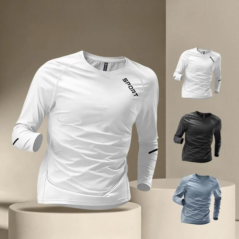 Men's Quick Dry White Long Sleeve T-Shirt High Elastic Gym Fitness Basketball Running Training Base Layer Sportswear Top
