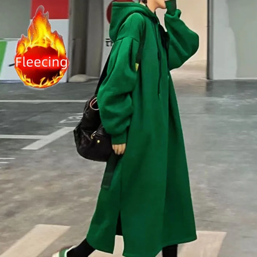 Plus Size Thick Hooded Midi Dress Loose Winter Warm Women's Oversize Jacket Long Hoodie Casual Fleece Sweatshirts Coat Outerwear