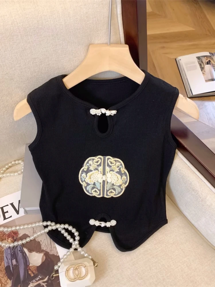 Sweet Spicy Girl New Chinese Style Embroidered Button Design Sensation Pink Short Sleeveless Slim Fit Women's Top