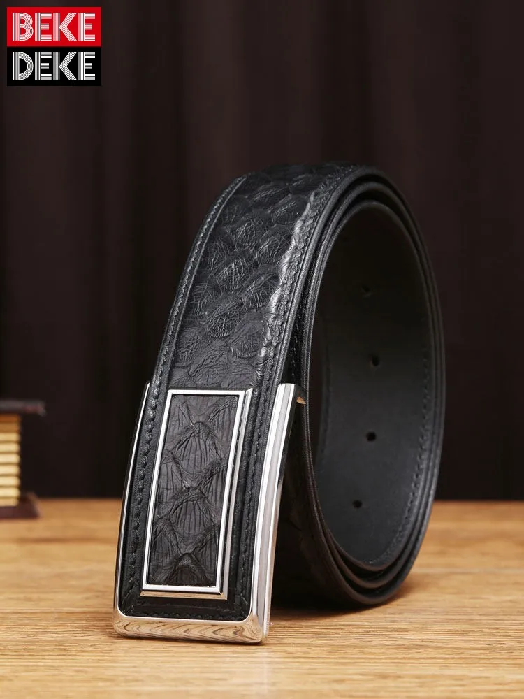 Design Business Casual Mens High Quality Genuine Leather Belt Smooth Buckle Luxury Black Snakeskin Office Men Fashion Waistband