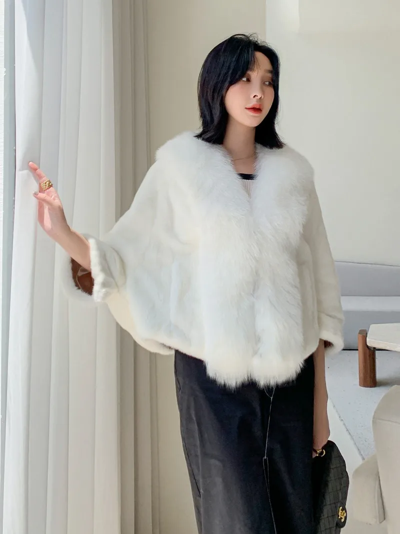 Lady Genuine Wholeskin Mink Fur Poncho Fox Fur Bridal Shawls Women Pullover Female Pashmina Wraps LF2312JY