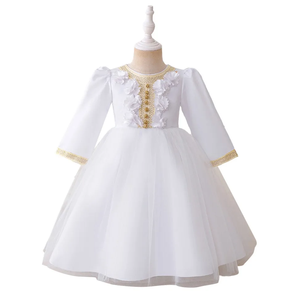2026 Luxury Muslim Ramadan Prayers Girl White Party Dress Long Sleeve Robe Arab Dresses Eid Children Evening Prom Costume ASQ03 view 4