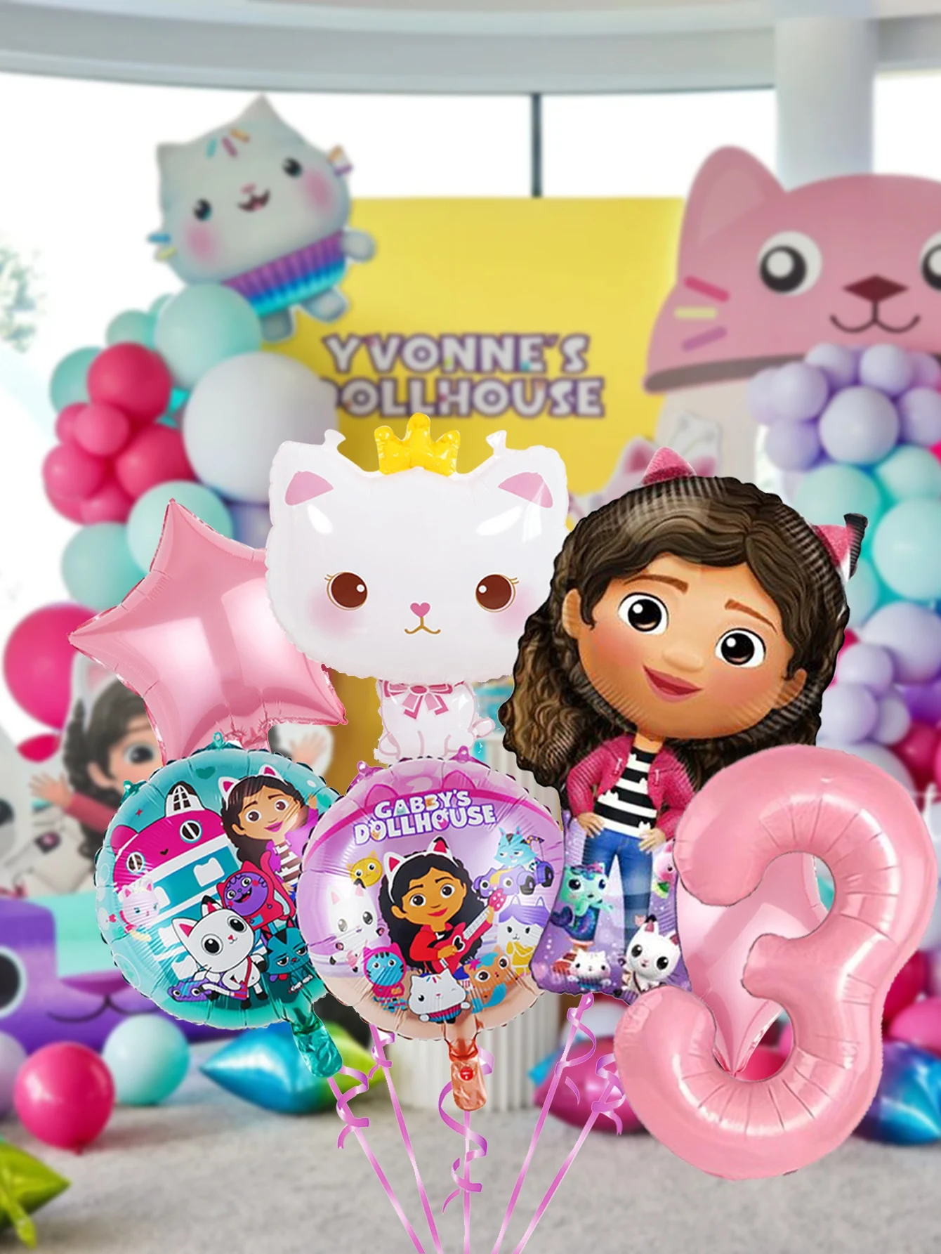 Gabby Dollhouse Pink Birthday Party Decoration balloon, a Combination of Star Round Ball Cat and Gaby+32 inch Digital balloon