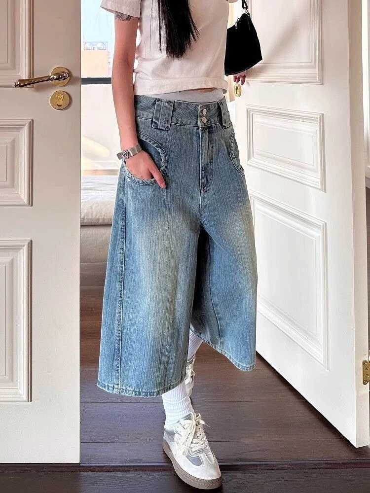 American Vintage Bamboo Texture Cropped Jeans Straight Calf-Length Denim Pants Women Streetwear Button Patchwork Solid 2026