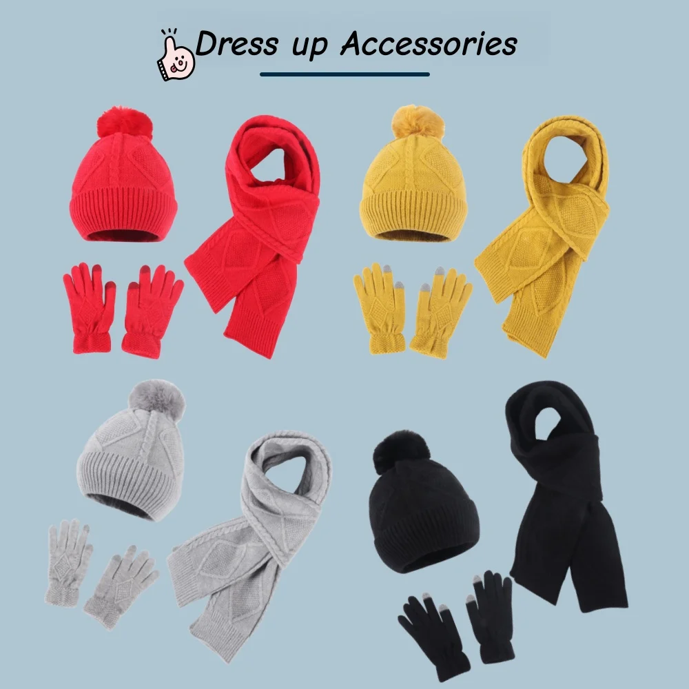 

Женский модный вязаный комплект из трех предметов: шапка с помпоном, шарф и перчатки, теплая шерсть