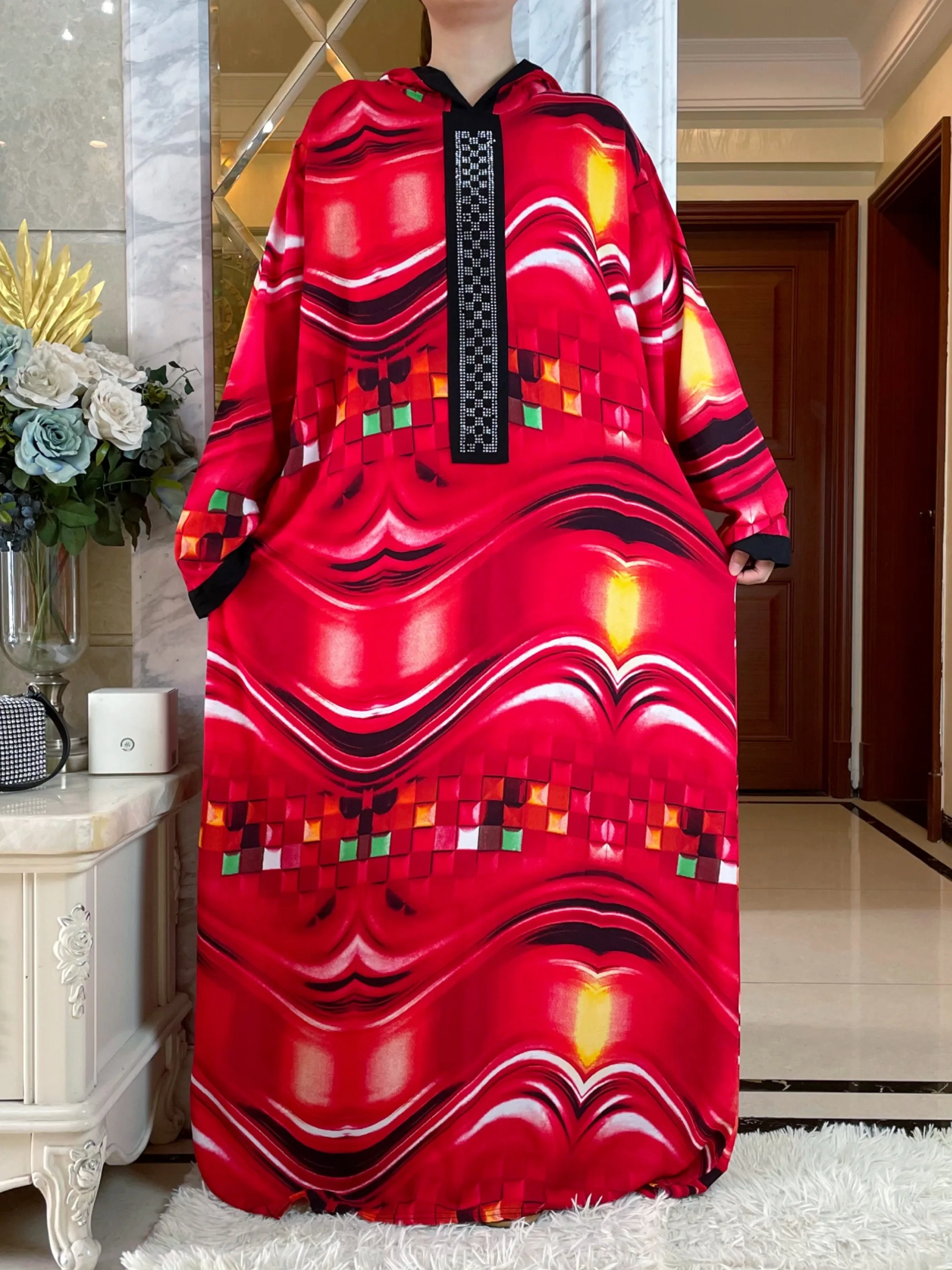 2023Latest Dubai Long Sleeve African Women Dress Hat one-piece  Printing  Cotton Elegant Summer Maxi Casual  Elegant Loose Abaya