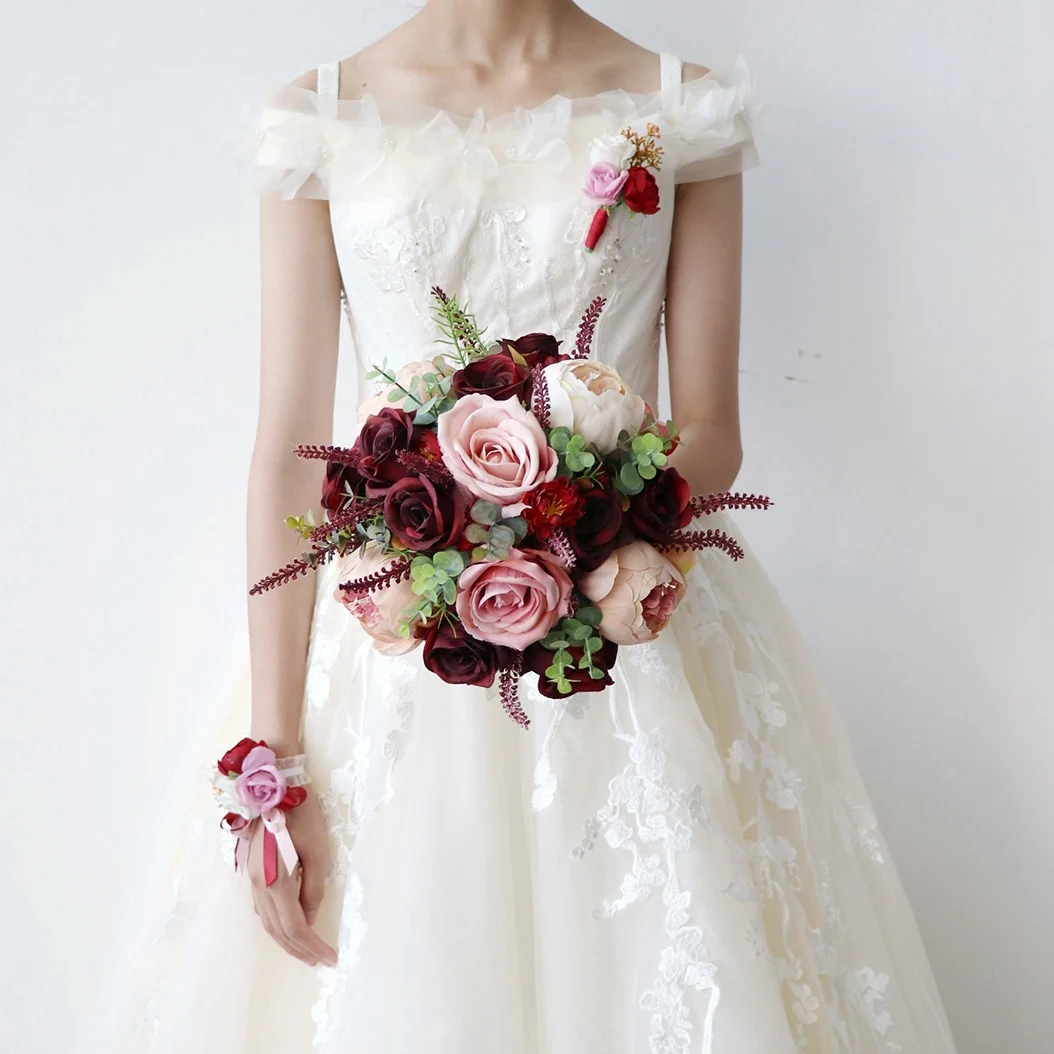 New Burgundy Dusty Bouquet - Champagne Blush Blooming Peony with Eucalyptus Real perfect Bridal Wedding Flowers