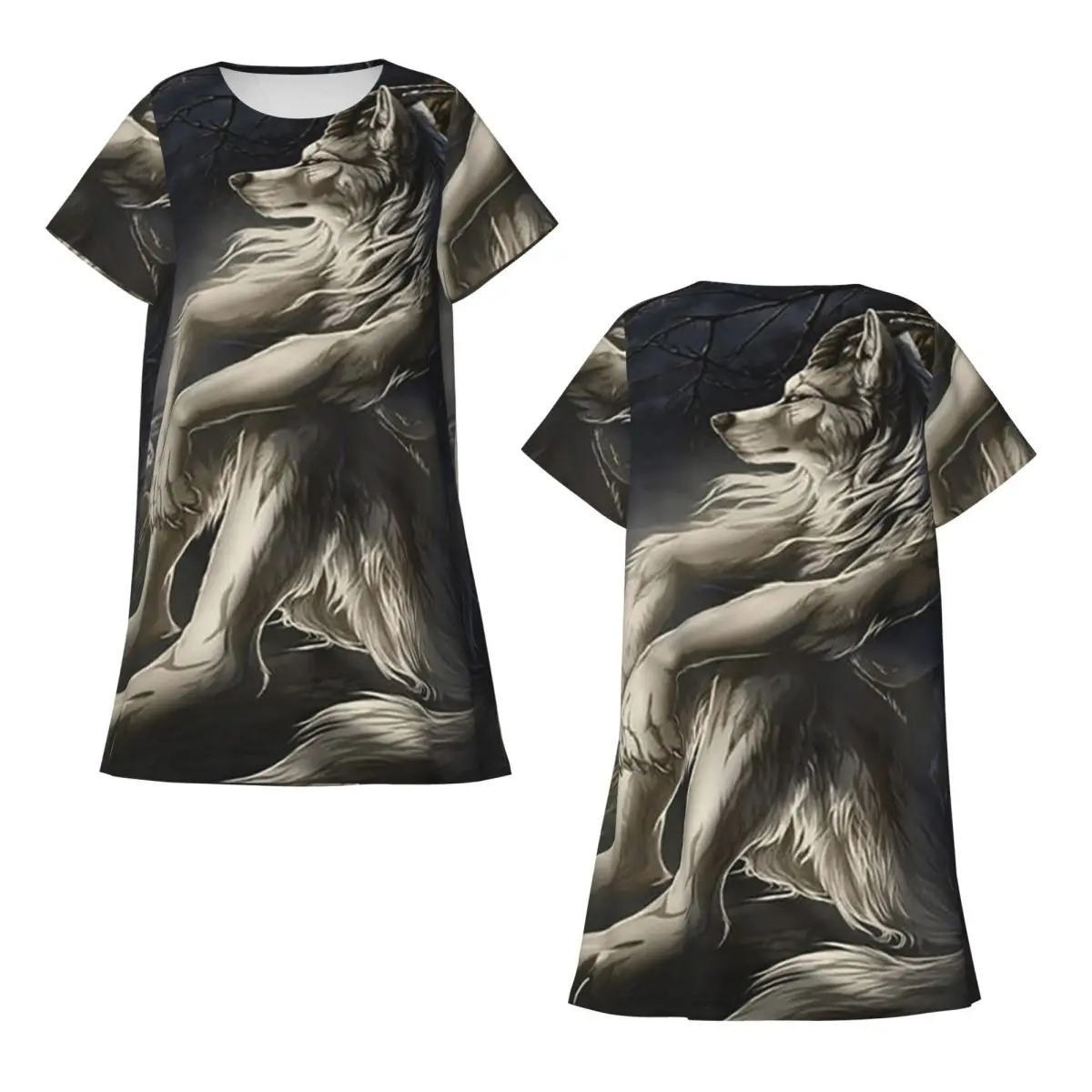 Custom Emo White Wolf Sitting Sad Meme Short Sleeves Nightdress For Sleepshirts Women Short Sleeve Nightgowns Loose Pajama Dress