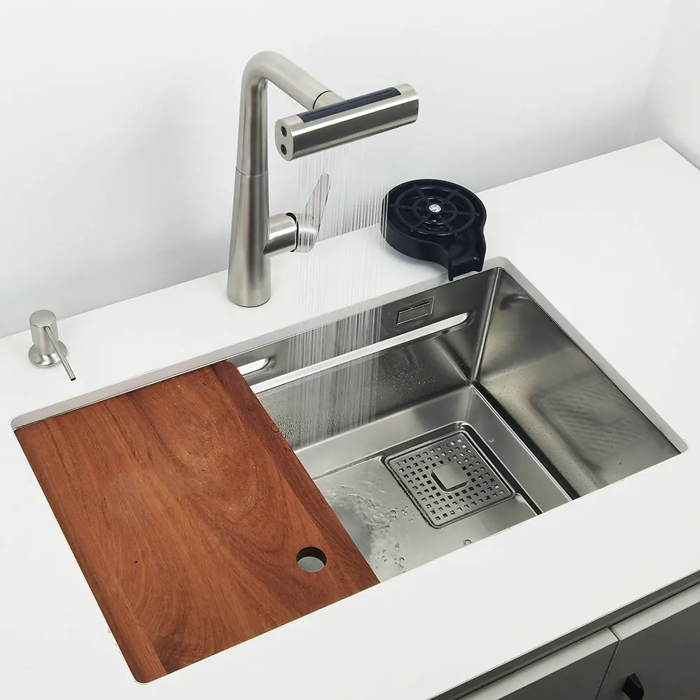 Unterbau-Küchenspüle aus 304 Edelstahl mit Wasserfallarmatur, Multifunktionale Einzelwaschbecken – Detail 12
