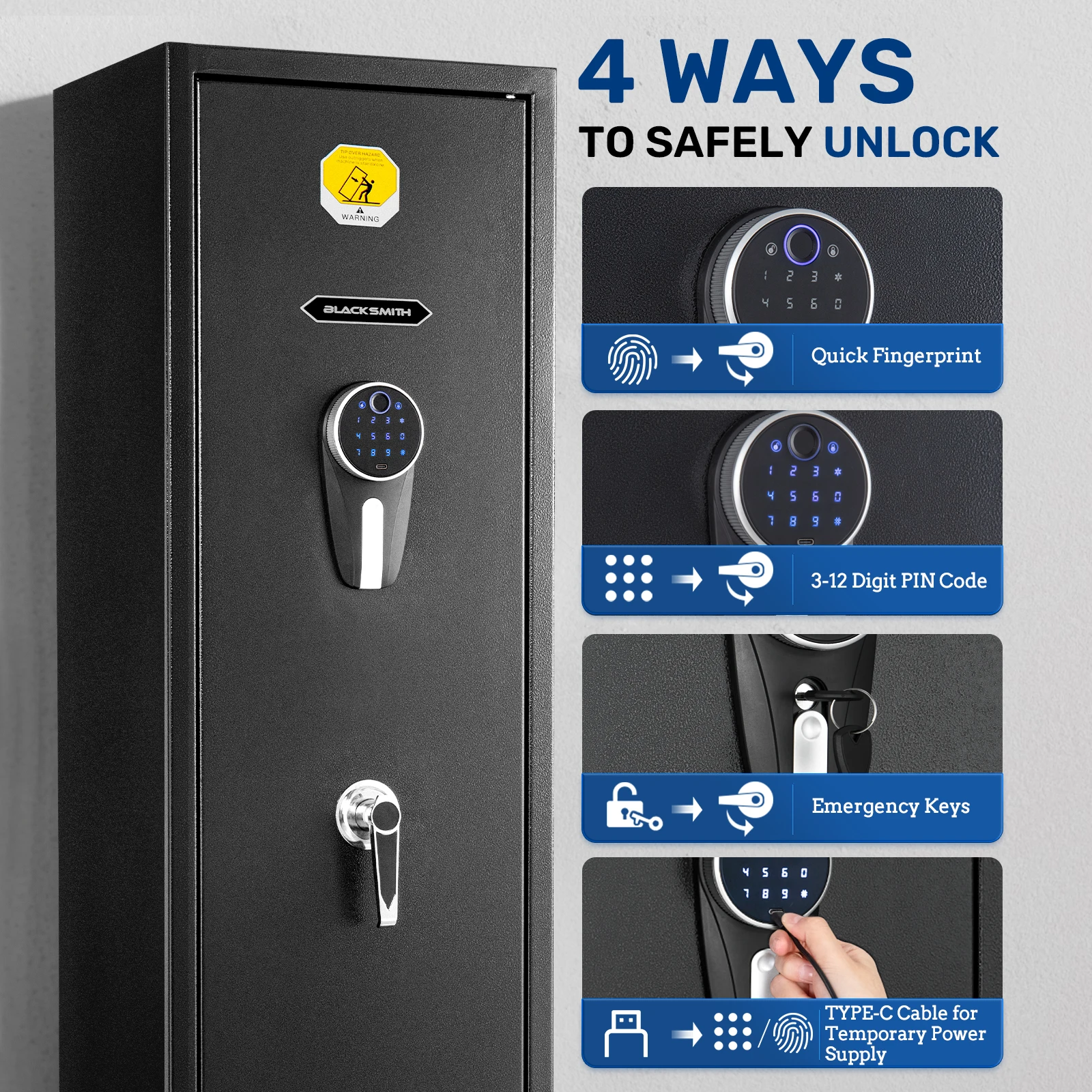 BlackSmith Biometric 6 Gun Safe for Home Office Rifles and Pistols Large Gun Cabinet Fingerprint Quick Access Rifle Safe